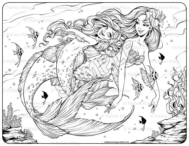 Adult Mermaid Coloring Pages
 Underwater Playtime Adult Coloring Page