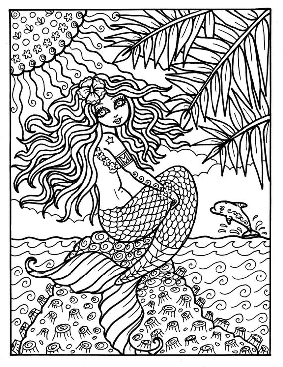 Adult Mermaid Coloring Pages
 Instant Download Digi Stamp Mermaid from Hawaii Adult Coloring