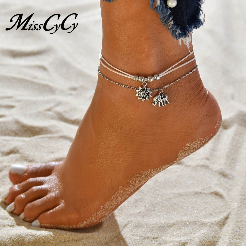 Anklet Layered
 MissCyCy Vintage Alloy Sun Elephant Ankle Bracelet for