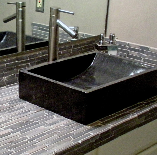 Black Bathroom Sink
 Black Marble Trough Vessel Sink & Black Finger Tile