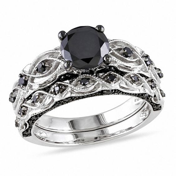 Black Diamond Engagement Ring Sets
 1 3 8 CT T W Enhanced Black Diamond Vintage Style Bridal
