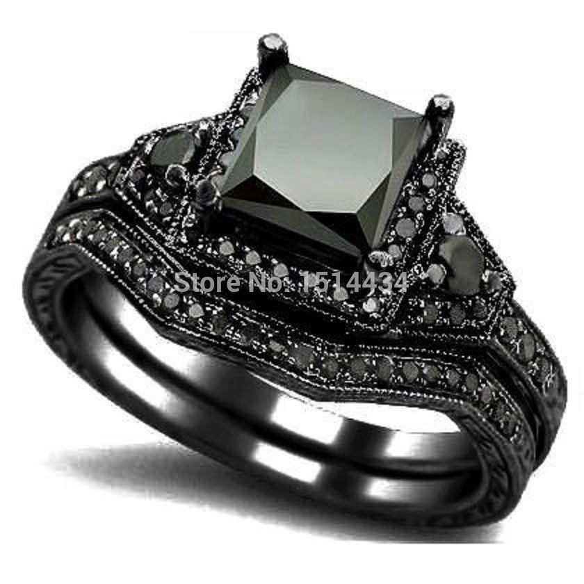Black Diamond Engagement Ring Sets
 Aliexpress Buy Size 5 11 Black Rhodium Princess Cut