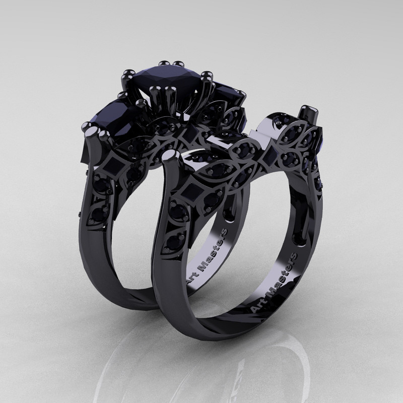Black Diamond Engagement Ring Sets
 Designer Classic 14K Black Gold Three Stone Princess Black