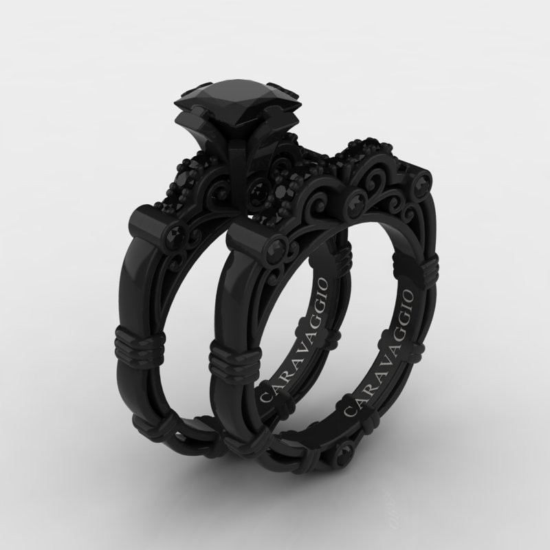 Black Diamond Engagement Ring Sets
 Art Masters Caravaggio 14K Black Gold 1 25 Ct Princess