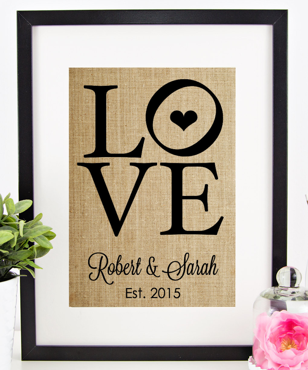 Cool Wedding Gift Ideas For Couples
 Personalized Wedding Gift for Couple Burlap Print LOVE Sign