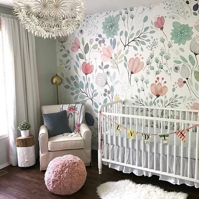 Girl Bedroom Wallpaper
 Floral Wallpaper Accent Wall in the Nursery so whimsical