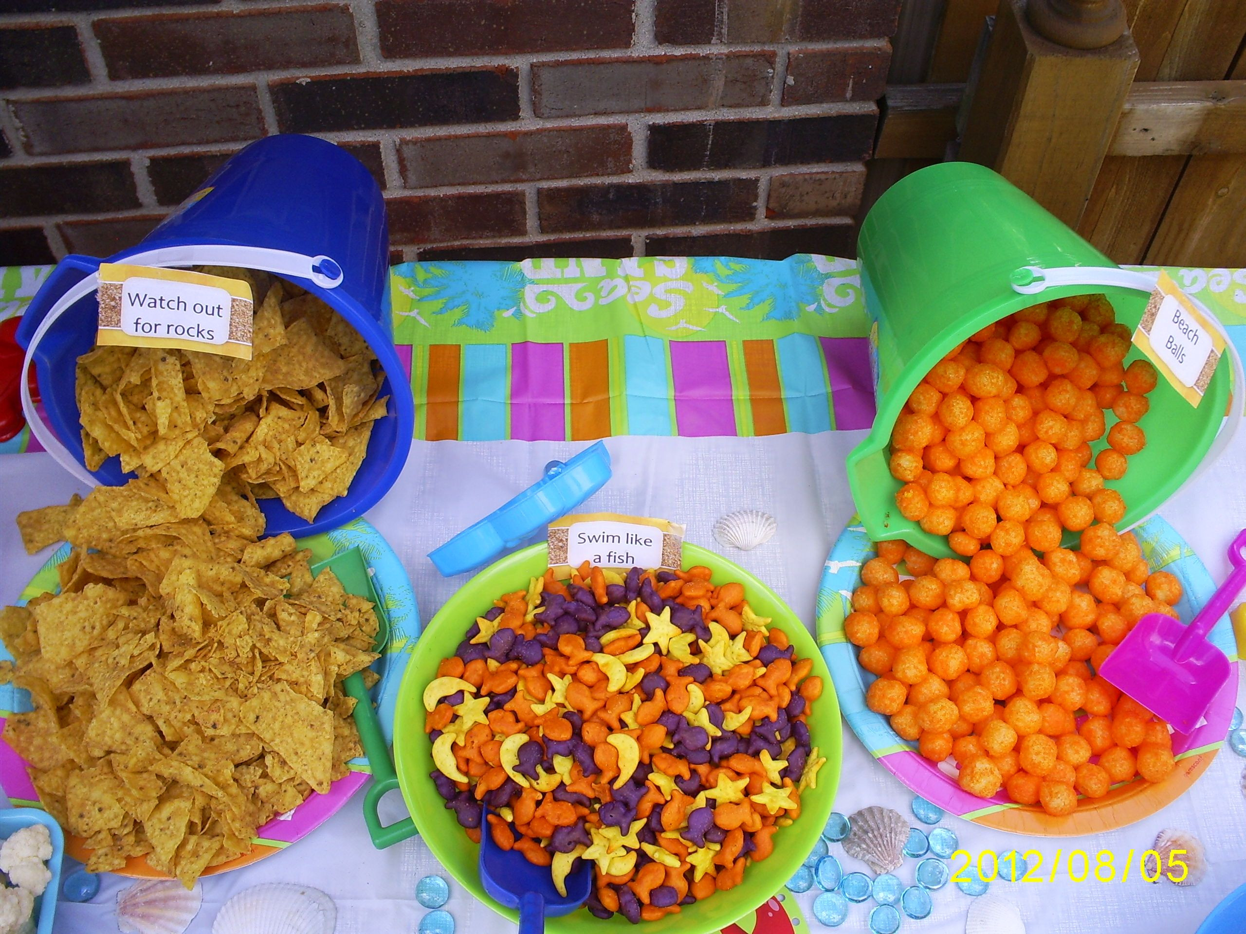 Kid Beach Party Food Ideas
 pool party food= Doritos gold fish cheese puffs