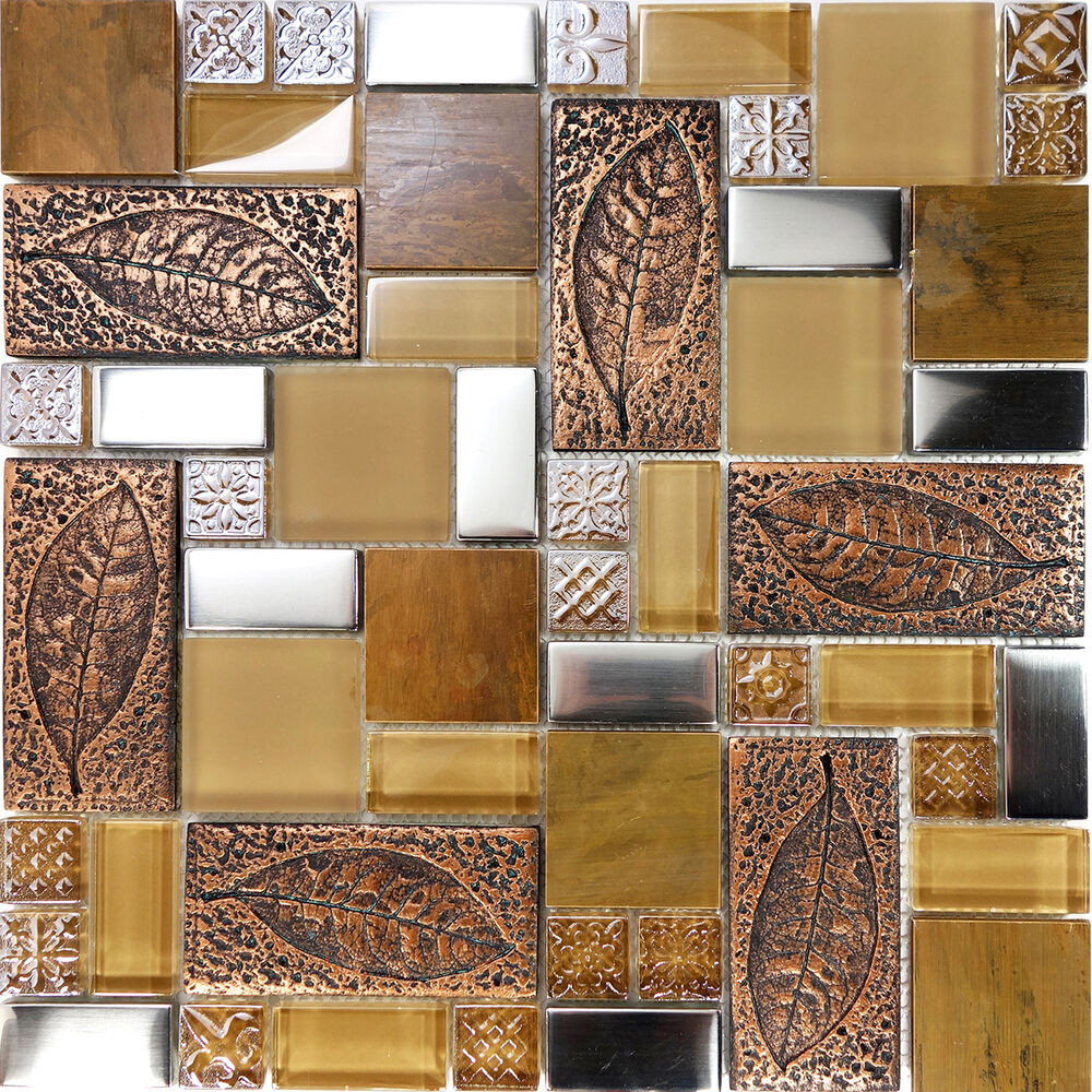 Kitchen Mosaic Tile
 Sample Copper Metallic Leaf Decor Insert Glass Mosaic Tile