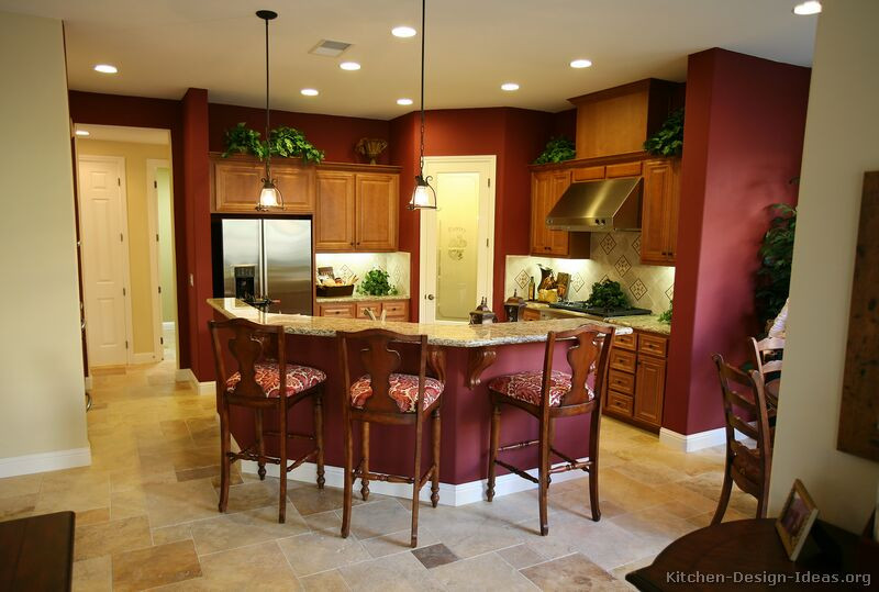 Kitchen With Red Wall
 of Kitchens Traditional Medium Wood Cabinets