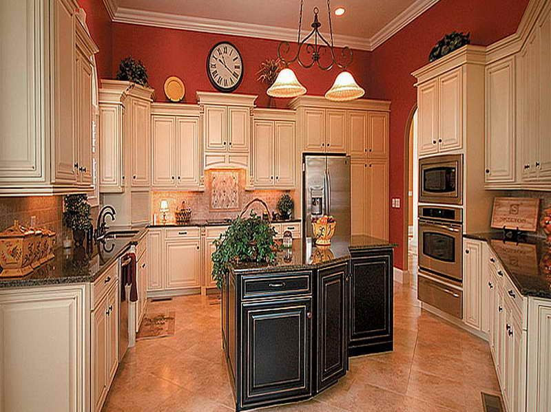 Kitchen With Red Wall
 of Antiqued Kitchen Cabinets with red wall