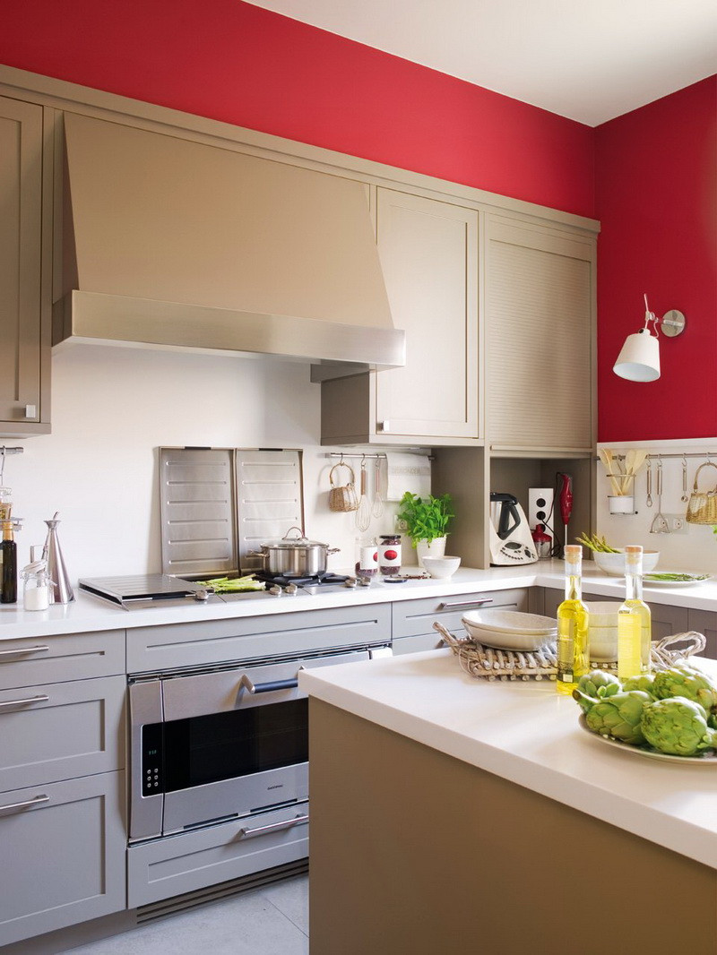 Kitchen With Red Wall
 Modern Beige Kitchen Design With Red Walls