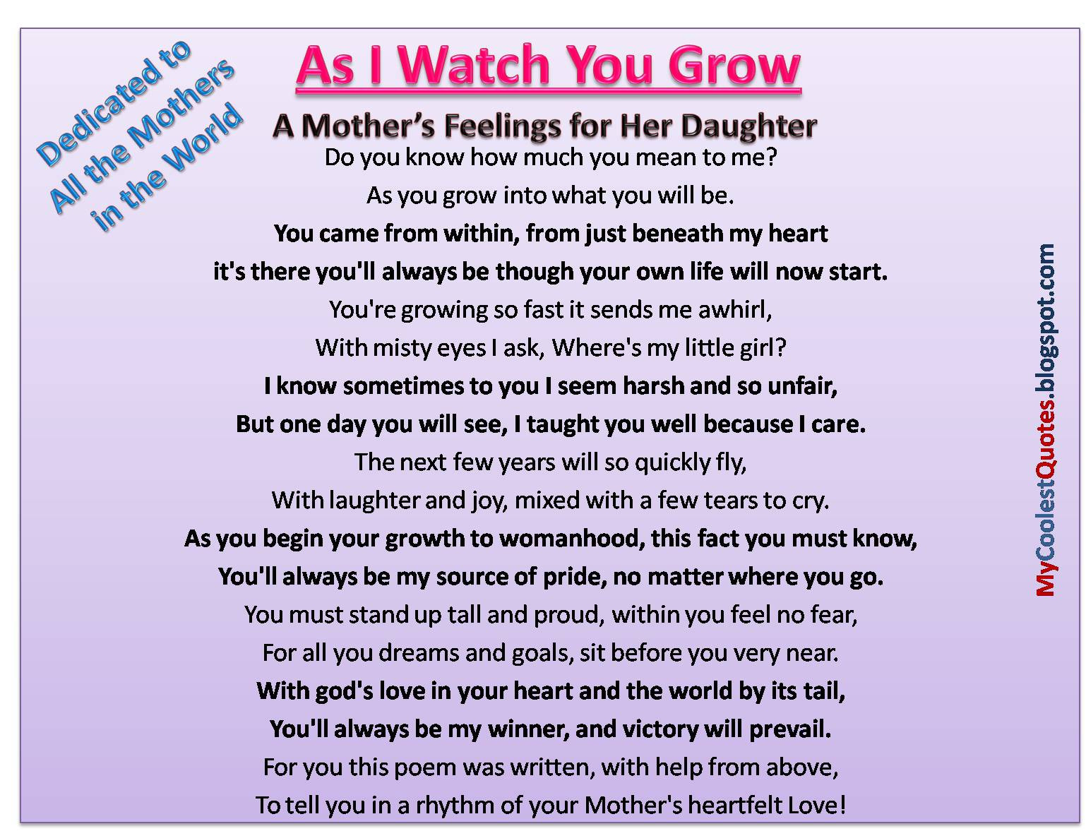 Mother Quotes To Daughters
 My Coolest Quotes A Mother s Feelings for Her Daughter