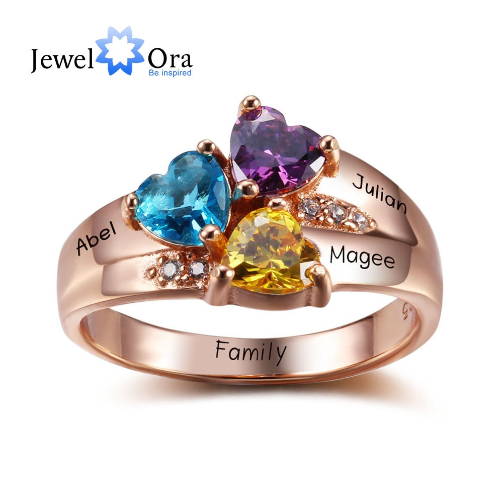 Mothers Day Birthstone Gifts
 Personalized Engrave Jewelry 3 Birthstone Mothers Rings