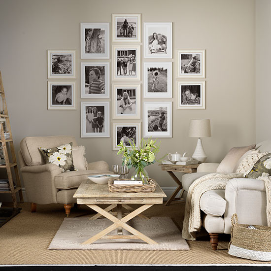 Neutral Living Room Decor
 Neutral living room with photo display