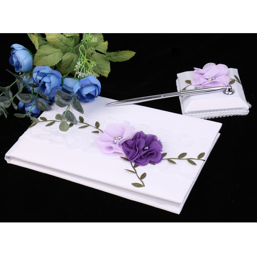 Purple Guest Book Wedding
 Wedding Guest Book White Lace Purple Flowers Guest Signing