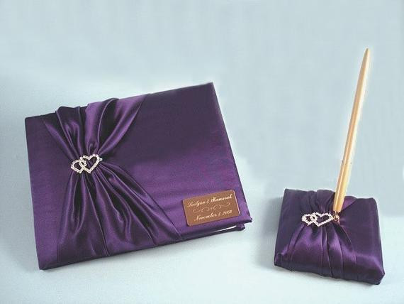 Purple Guest Book Wedding
 Personalized Purple Wedding Guest Book and Pen Set with Linked