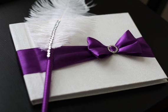 Purple Guest Book Wedding
 Purple Wedding Guest Book with Pen Custom Made in Purple