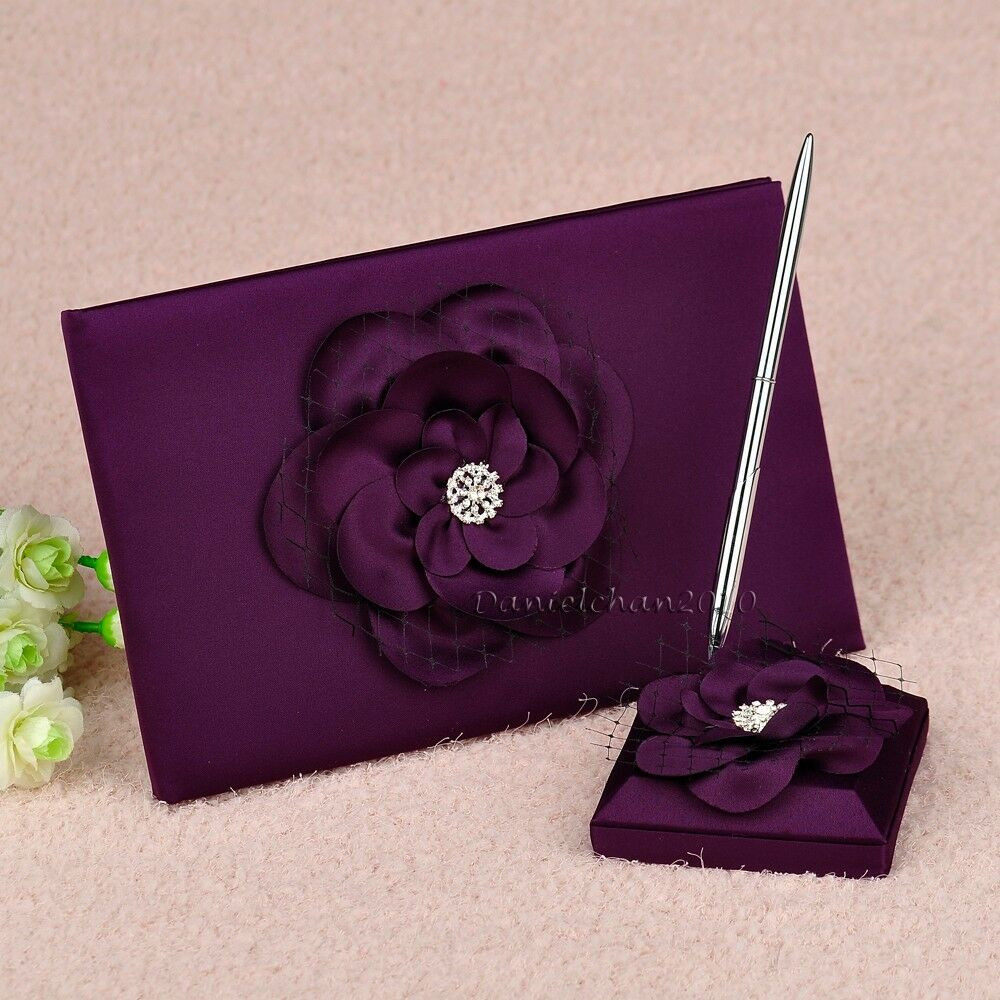 Purple Guest Book Wedding
 Purple Satin Flower Rhinestone Wedding Guest Book and Pen