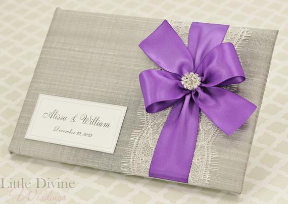 Purple Guest Book Wedding
 Silver Wedding Guest Book Purple Lace Custom Made in your