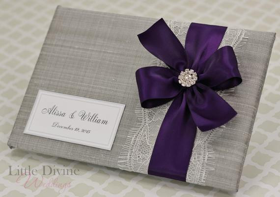 Purple Guest Book Wedding
 Silver Wedding Guest Book Purple Plum and Lace Custom Made in