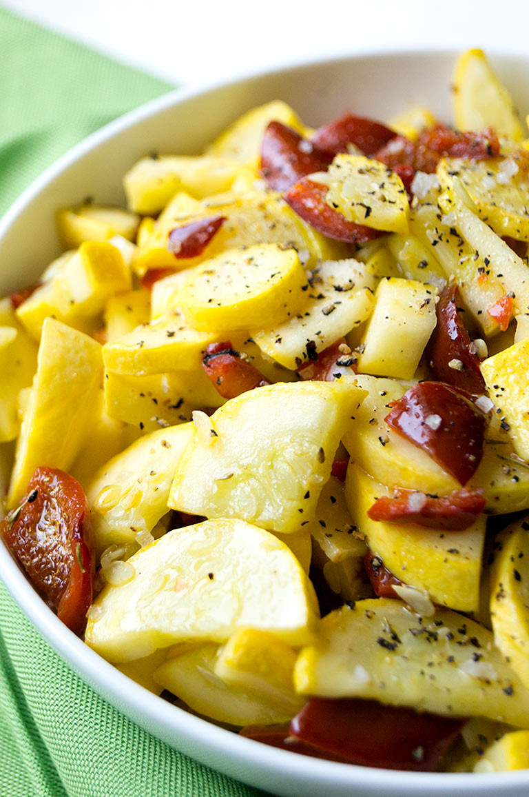 Sauteed Summer Squash
 Paleo Sautéed Summer Squash with Peppers Garlic and