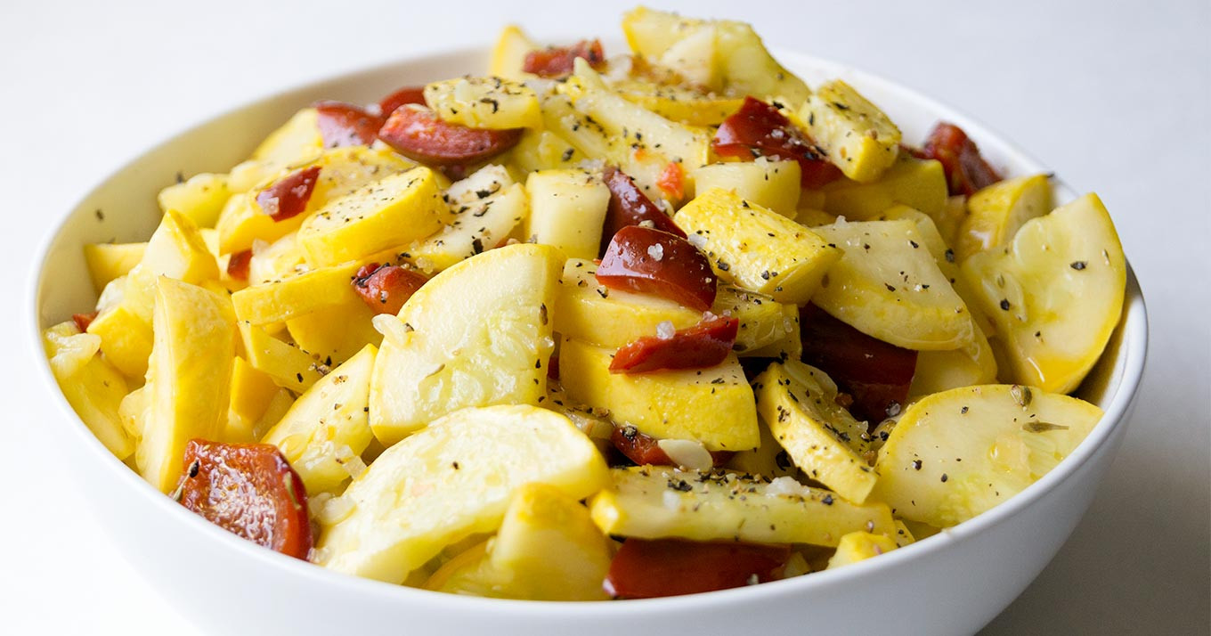 Sauteed Summer Squash
 Paleo Sautéed Summer Squash with Peppers Garlic and