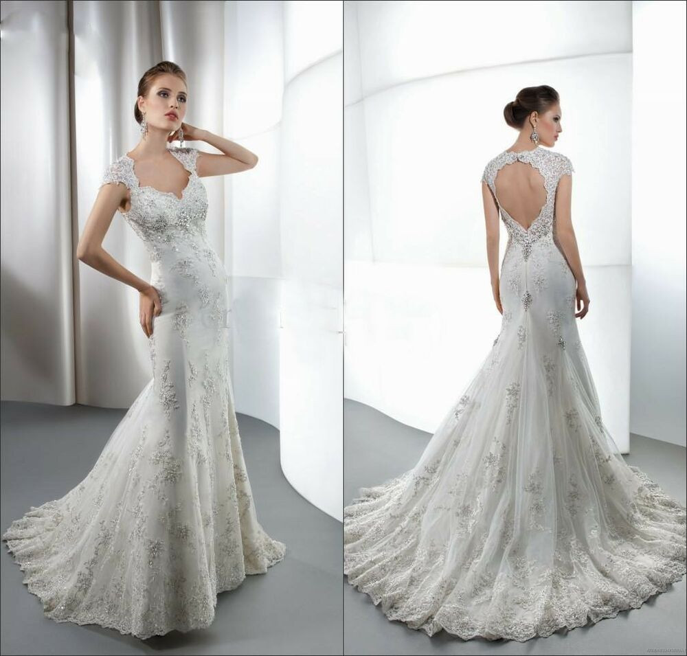 Wedding Dress Appliques
 Bridal Gown Lace Beaded Appliques V Neck Backless Crystals