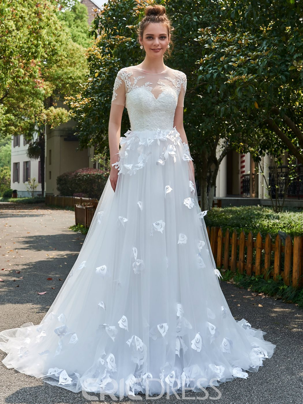 Wedding Dress Appliques
 Ericdress A Line Short Sleeves Tulle 3D Floral Appliques