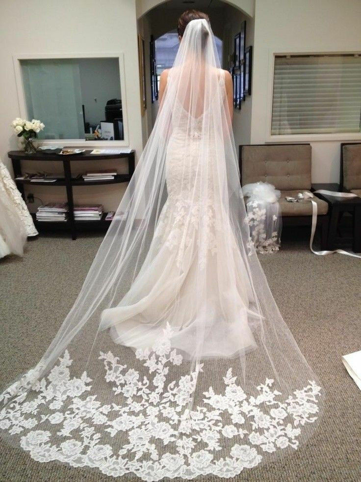 Wedding Lace Veils
 1 Layer White Ivory Cathedral Length Lace Edge Bride