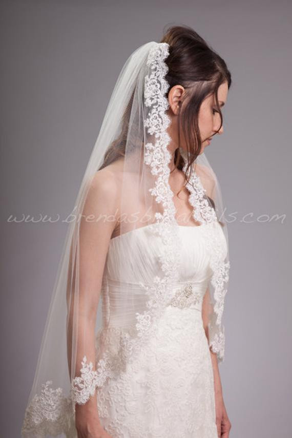 Wedding Lace Veils
 Alencon Lace Bridal Veil Single Layer Beaded Lace Wedding