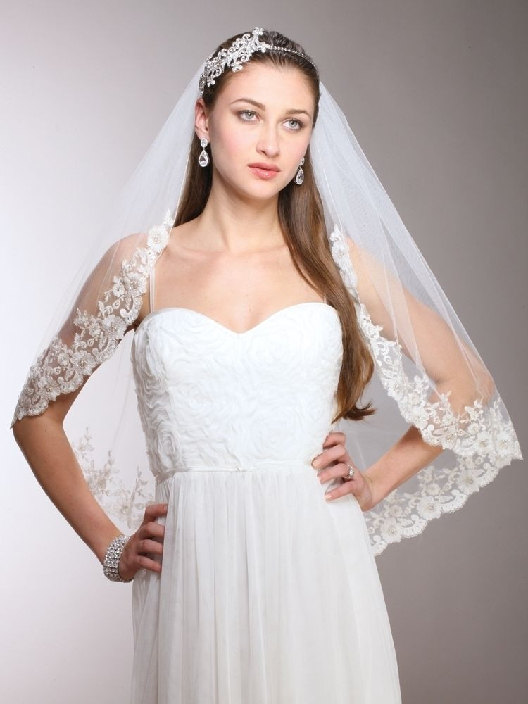 Wedding Lace Veils
 Vintage White Ivory Crystal Edge Waist Length Mantilla
