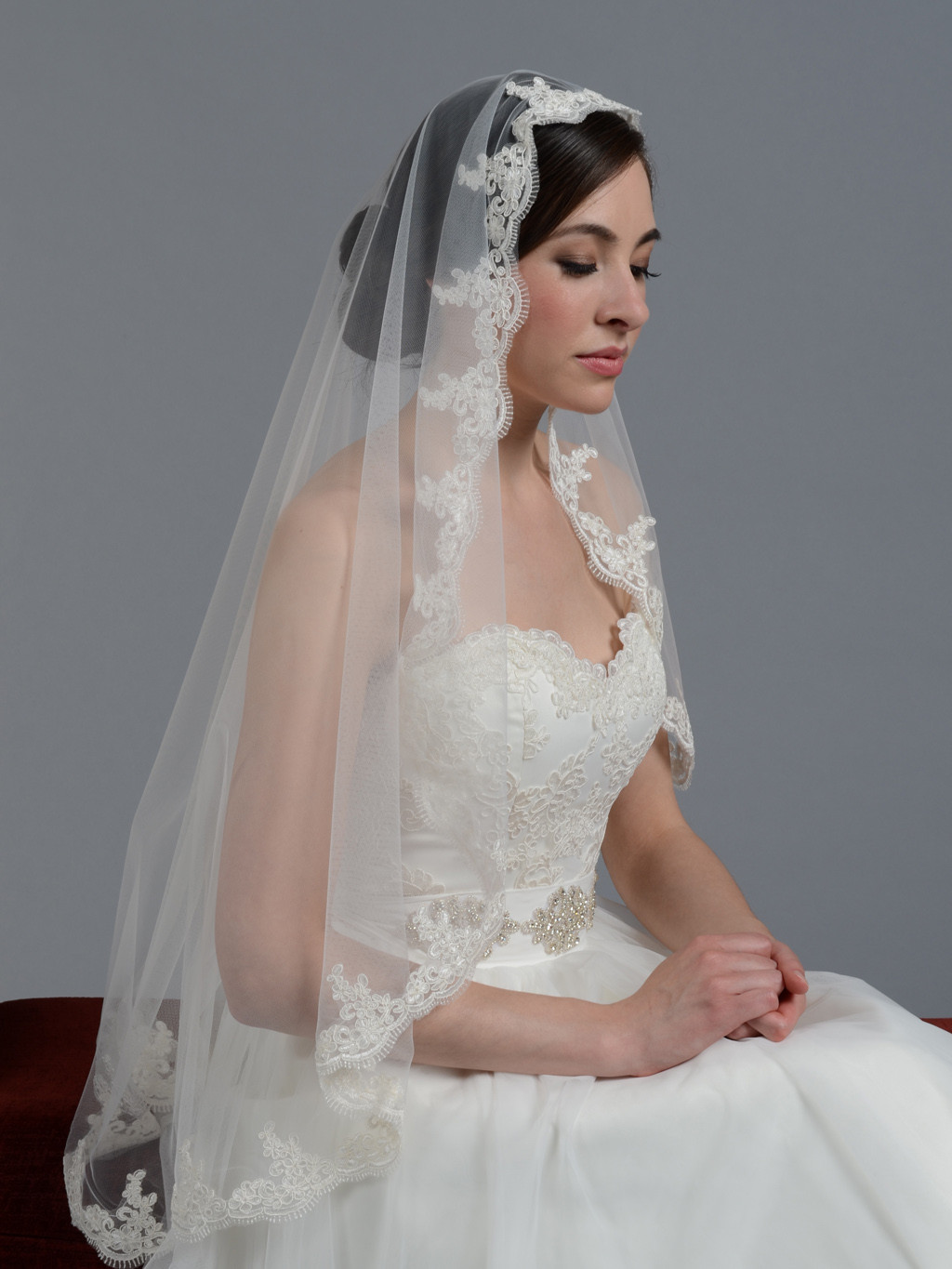 Wedding Lace Veils
 Mantilla veil fingertip chapel alencon lace wedding veil V027