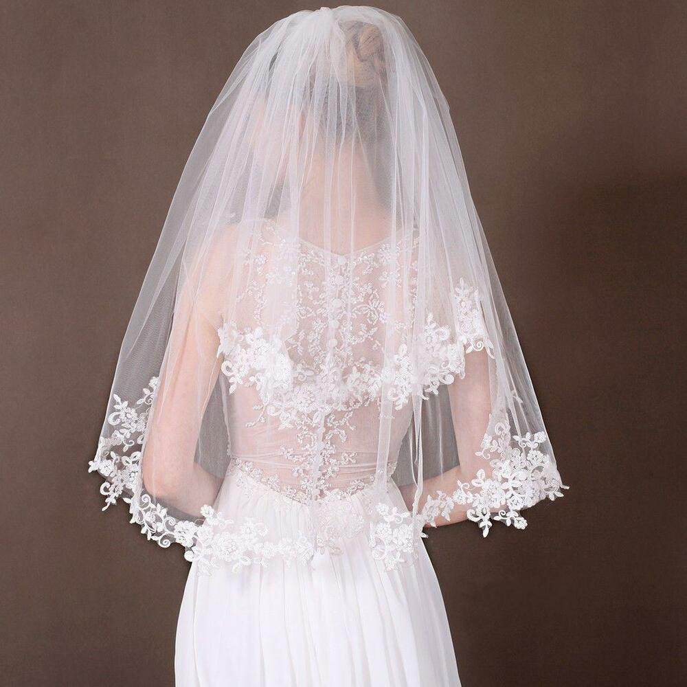 Wedding Lace Veils
 Beautiful 2 Layer White Ivory Elbow Lace Edge Wedding