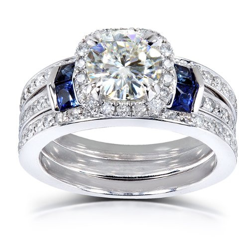 White Sapphire Wedding Ring Sets
 Round cut Moissanite Bridal Set & Sapphire 2 CTW 14k White