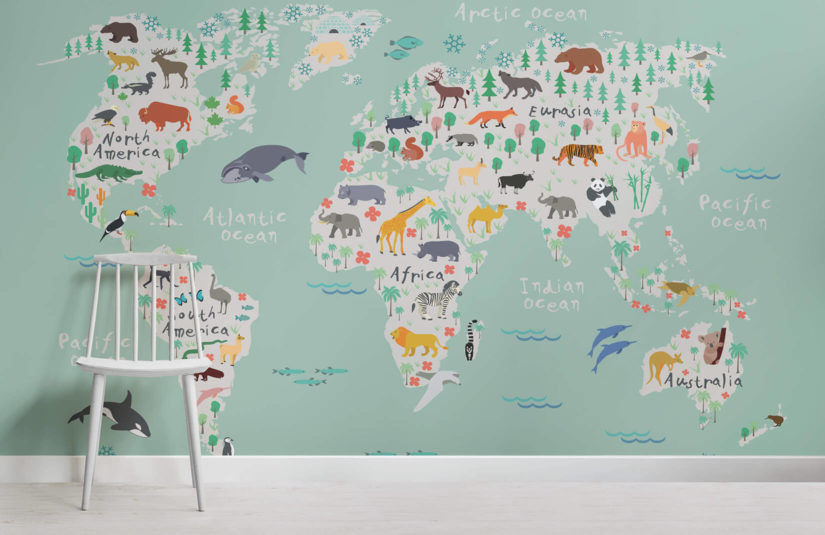 World Map Kids Room
 Safari Kids Map Mural Wallpaper