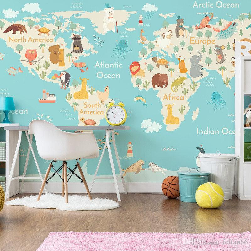 World Map Kids Room
 Custom Children Wallpaper Cartoon World Map Murals For