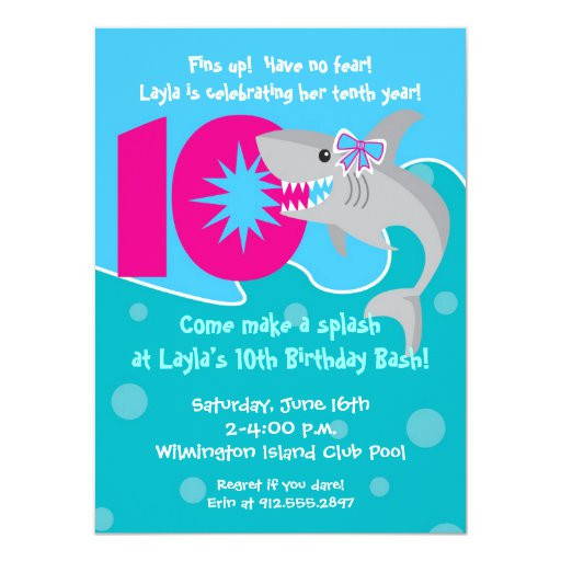 10th Birthday Invitation
 Girl Shark Bite Invite 10th Birthday Party Card