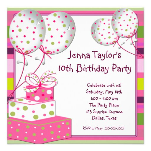 10th Birthday Invitation
 Pink Balloons Presents Girls Birthday Party 5 25x5 25