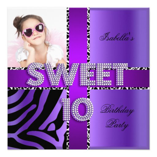 10th Birthday Invitation
 Sweet 10 10th Birthday Zebra Cow Purple Black 5 25x5 25