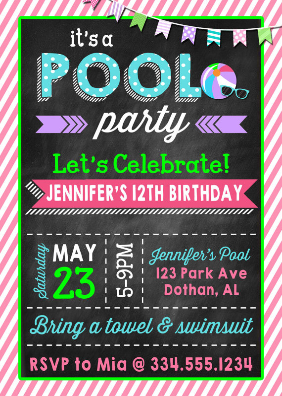 13 Year Old Beach Party Ideas
 Pool Party Birthday Invitation