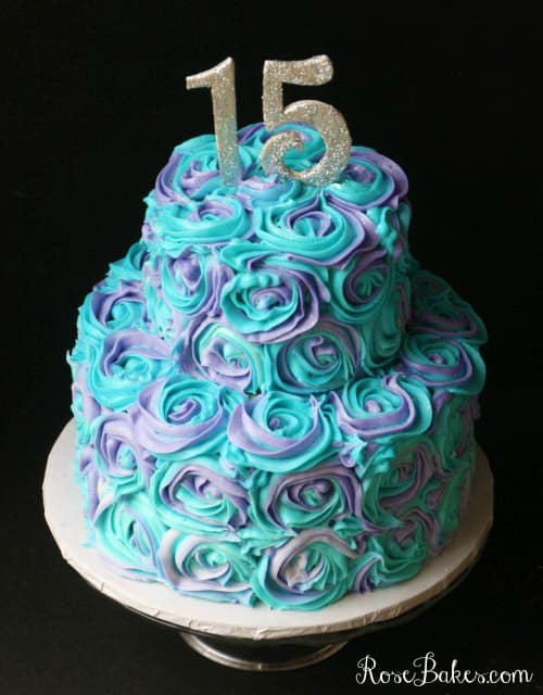 15 Birthday Cakes
 Teal & Lavender Swirled Buttercream Roses 15th Birthday