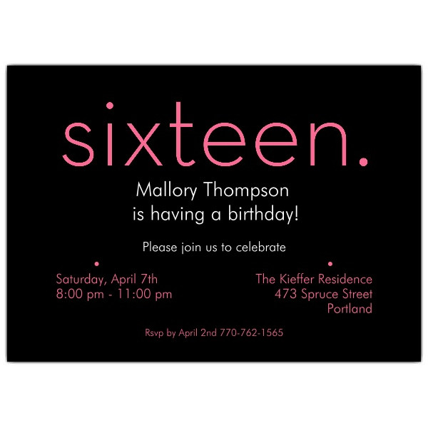 16th Birthday Invitations
 Sixteen Pink on Black 16th Birthday Invitations