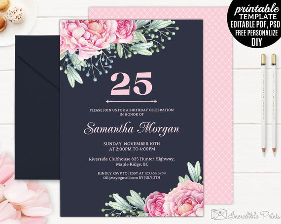 25th Birthday Invitations
 Navy 25th Birthday Invitation Template Printable Pink