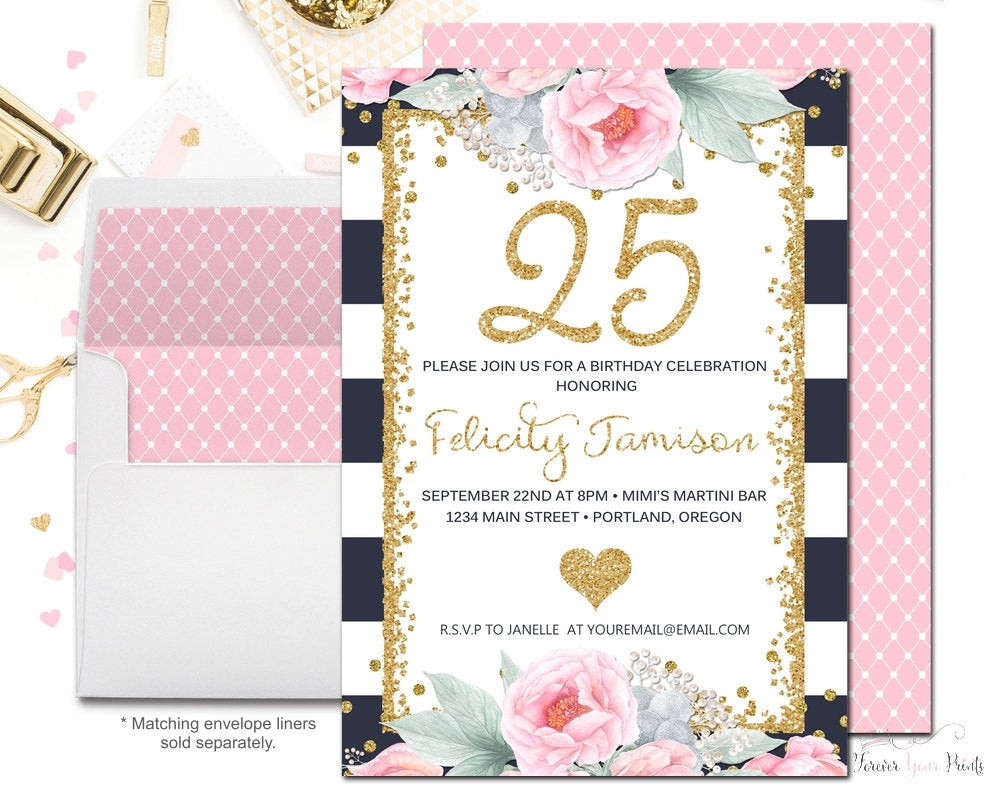 25th Birthday Invitations
 NAVY and PINK Floral 25th Birthday Invitation by