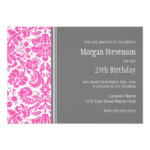 25th Birthday Invitations
 Pink Grey 25th Birthday Party Invitation 5" X 7
