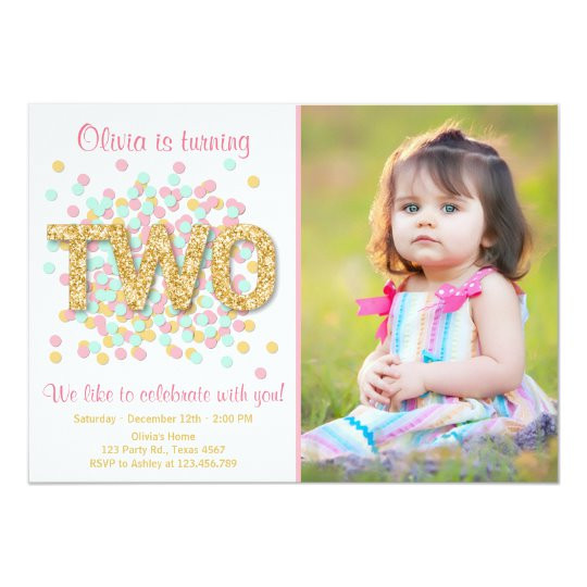 2nd Birthday Party Invitations
 Second Birthday Invitation Girl Pink Gold Mint Two