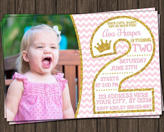 2nd Birthday Party Invitations
 Pink and Gold 2nd Birthday Invitations Second by PuggyPrints