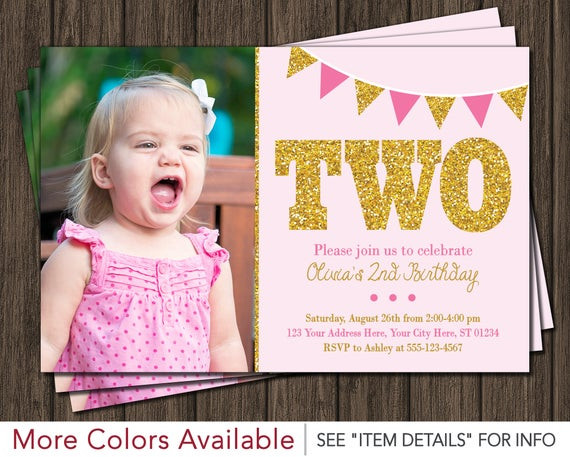 2nd Birthday Party Invitations
 Pink and Gold 2nd Birthday Invitation with Light