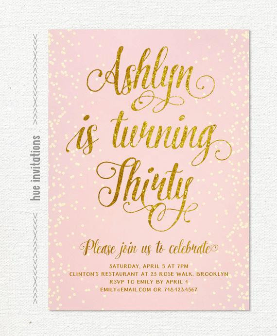 30th Birthday Invitations
 blush pink and gold glitter womens 30th birthday invitation