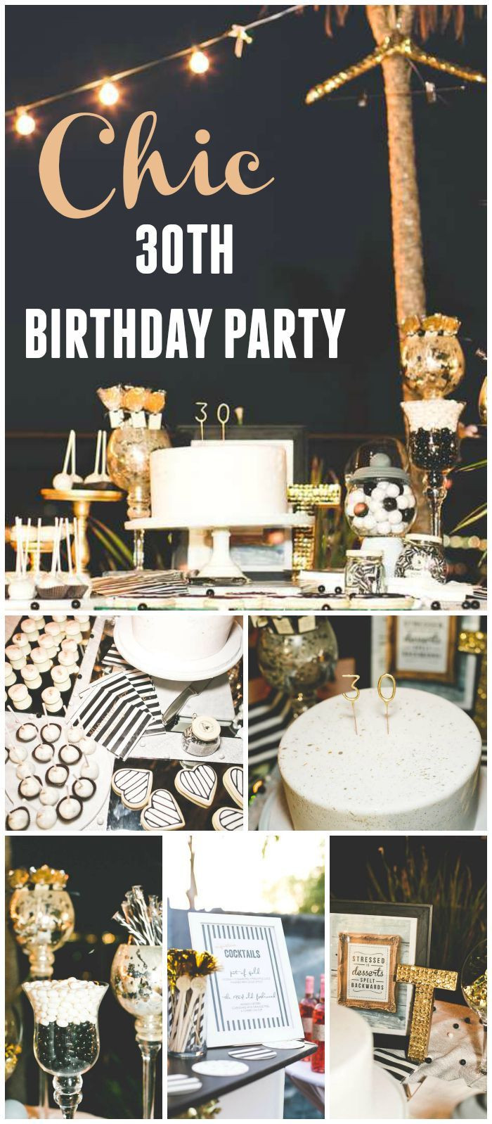 30th Birthday Party Themes
 Stripes & Glitter Birthday "Chic Black White Gold 30th